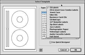 Window for Selecting Label Type and Vendor